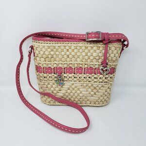 % Brighton Carmella Woven Straw Pink Bucket Handbag